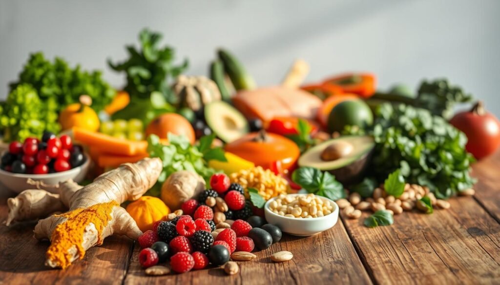 A delicate arrangement of fresh, vibrant ingredients on a rustic wooden table, bathed in warm, natural lighting. In the foreground, an assortment of anti-inflammatory superfoods - ginger, turmeric, berries, leafy greens, and nuts - artfully displayed. In the middle ground, a variety of colorful, whole foods, including salmon, avocado, and various vegetables. The background features a minimalist, clean backdrop, emphasizing the simplicity and wholesomeness of the "anti-inflammatory menu". The overall composition conveys a sense of balance, health, and culinary delight, perfectly capturing the essence of an everyday anti-inflammatory diet.