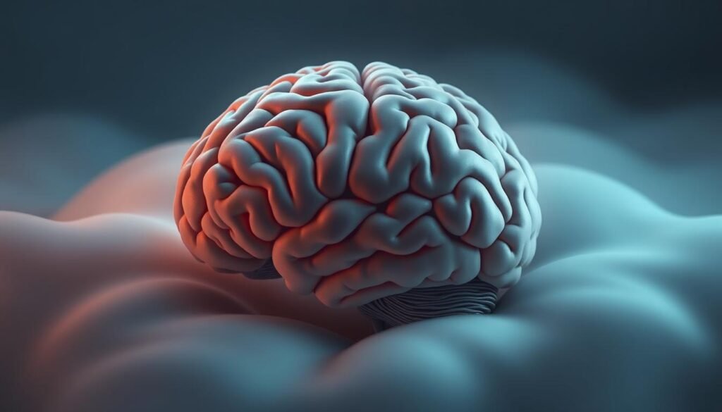A detailed anatomical illustration of the human brain in a tranquil, dreamlike state. The cerebrum is prominently featured, with distinct lobes and structures visible. The brain is surrounded by a serene, softly-lit environment, evoking a sense of mental calm and restfulness. Subtle, muted colors create a soothing, contemplative atmosphere. The composition is balanced, with the brain occupying the central focus, while the background provides a sense of depth and space. Soft, diffused lighting casts gentle shadows, highlighting the intricate neural pathways and contours of the cerebrum. The overall effect is one of deep introspection and the profound connection between the brain and the restorative power of sleep.