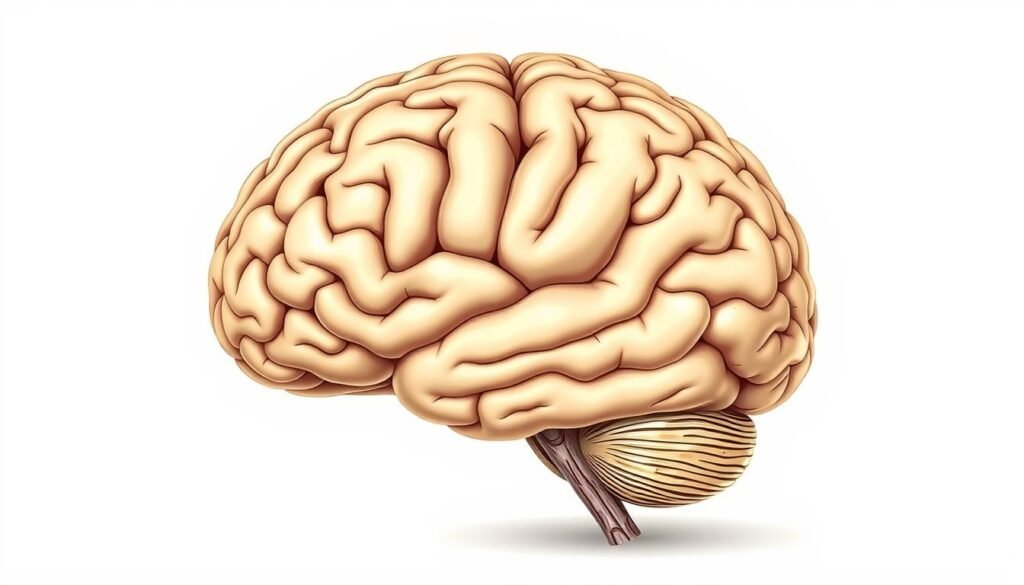 A detailed anatomical illustration of the human brain, showcasing its intricate structure and key regions. The image should have a scientific, educational tone, with a focus on accurately depicting the brain's form and internal architecture. Use a neutral, warm lighting scheme to highlight the brain's three-dimensional contours and distinct lobes, regions, and neural pathways. Capture the brain from a slightly angled, three-quarter view to provide depth and perspective. The background should be a clean, minimalist setting, allowing the brain to be the central focus. Convey a sense of wonder and curiosity about the complex organ that governs our behavior and cognition.