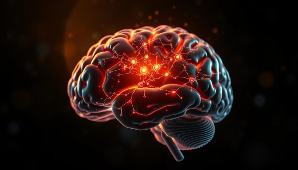 A detailed brain illustration with a glowing neural network emanating from the center, symbolizing the intricate mechanisms of the brain's reward system. Rendered in a realistic, high-resolution style with subtle chromatic aberration and depth-of-field effects, illuminated by a warm, directional light source casting dynamic shadows. The brain's internal structures are visible, with distinct regions highlighted to convey the complex interplay of processes involved in processing rewards and punishments. An atmospheric, scientific, and visually striking composition that effectively captures the essence of the article's subject matter.