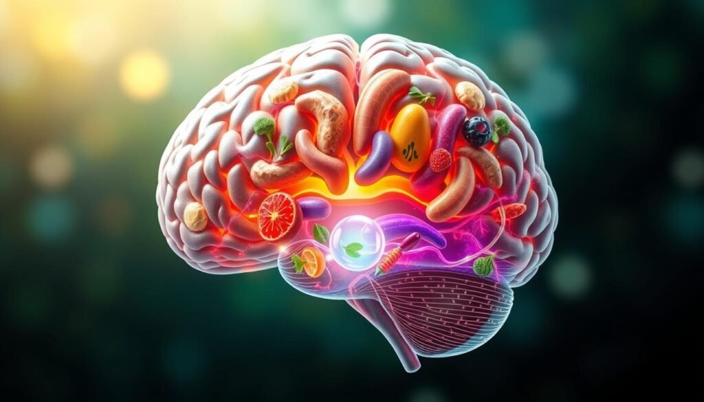A detailed cross-section of a human brain, showcasing its intricate neural networks and cerebral regions. The foreground features a vibrant, high-contrast visualization of the brain's nutrient pathways, illustrating how specific foods and supplements nourish and enhance cognitive function. The middle ground presents a symbolic representation of the brain's energy sources, such as glucose and oxygen, while the background depicts a serene, nature-inspired environment, highlighting the connection between nutrition and holistic brain health. Rendered in a soft, artistic style with realistic textures and lighting, creating a captivating and informative visual representation of the relationship between diet and brain function.