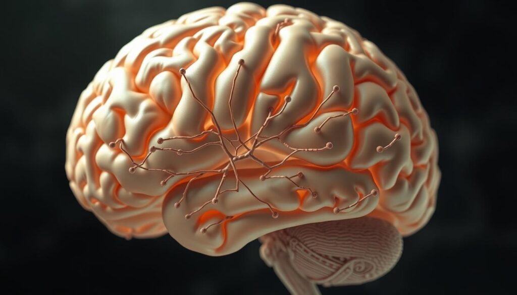 A detailed cross-section of a human brain, showcasing the intricate neural pathways and synaptic connections that underlie the brain's remarkable plasticity. The image should have a calm, cerebral atmosphere, with a soft, muted color palette and subtle lighting that highlights the delicate, intertwined structures. The focus should be on the middle ground, where the neural networks are most prominently displayed, with the foreground and background providing contextual depth and a sense of depth. Utilize a wide-angle lens to capture the complexity of the scene, and render the image with a high level of detail and realism to convey the scientific nature of the subject matter.