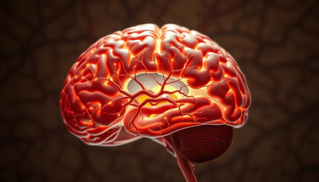 A detailed cross-section of the human brain, highlighting the neural pathways and mechanisms that regulate body weight. In the foreground, a vivid representation of the hypothalamus, the brain's control center for appetite and metabolism, with glowing synapses and neurotransmitters. In the middle ground, a complex network of interconnected regions, including the limbic system and the prefrontal cortex, showcasing their roles in hunger, satiety, and decision-making. In the background, a subtly rendered backdrop of the brain's intricate vascular system, underscoring the physiological processes involved in weight regulation. The scene is illuminated by a warm, diffused lighting, creating a sense of depth and dimensionality, with a soft, muted color palette that evokes the delicate nature of the subject matter.
