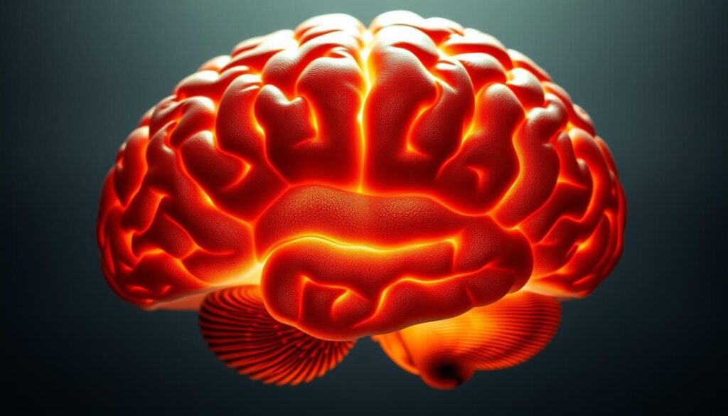 A detailed cross-section of the human brain, illuminated by a soft, diffused light that highlights the intricate neuroanatomical structures. The foreground features the cerebral cortex with its distinct lobes and sulci, while the middle ground showcases the subcortical regions, including the basal ganglia, thalamus, and hypothalamus. In the background, the brainstem and cerebellum are visible, creating a comprehensive view of the brain's neuroanatomy. The overall composition conveys a sense of depth, complexity, and scientific inquiry, perfectly suited to illustrate the section on "As bases neuroanatômicas da orientação".