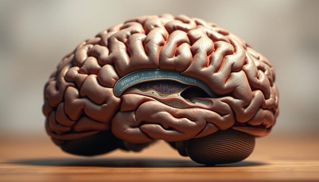 A detailed cross-section of the human brain, showcasing its intricate anatomy and neurological structures. The foreground displays the cerebral cortex, with its distinct lobes and gyri, rendered in vibrant shades of gray matter. The middle ground highlights the brainstem, thalamus, and limbic system, depicted with a delicate balance of realism and artistic flair. The background features a softly blurred backdrop, evoking a sense of scientific inquiry and contemplation. The lighting is subtle and directional, casting gentle shadows that accentuate the three-dimensional forms. The overall mood is one of scientific exploration, inviting the viewer to delve into the complexities of the human mind.