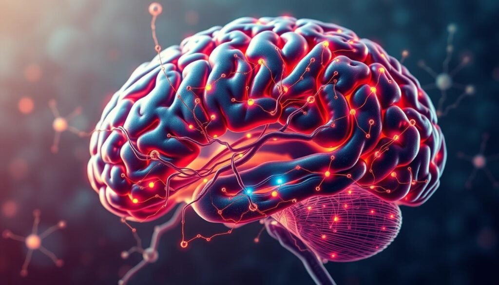 A detailed cross-section of the human brain, showcasing its remarkable neuroplasticity. The foreground depicts intricate neural pathways, dynamic synapses, and glowing neurons in vibrant hues, capturing the brain's remarkable ability to adapt and rewire itself. The middle ground features a muted, anatomical backdrop, highlighting the complex structures that enable this remarkable neural flexibility. The background is softly illuminated, conveying a sense of depth and emphasizing the brain's inner workings. The overall composition aims to visually represent the principles of neuroscience applied to high performance, with a focus on the brain's remarkable capacity for change and growth.