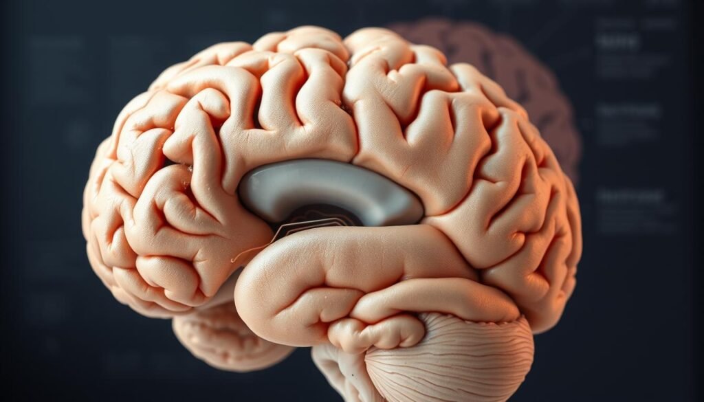 A detailed cross-sectional view of the human brain, showcasing the process of cerebral atrophy or "brain shrinkage". The foreground depicts the gradual thinning and loss of gray matter, with a microscopic perspective revealing the deterioration of neural connections. The middle ground highlights the enlargement of ventricles and sulci, indicative of the overall volume reduction. In the background, a subtly hued anatomical diagram provides context, emphasizing the importance of maintaining a healthy, well-nourished brain. The scene conveys a sense of scientific inquiry and the need to understand this crucial aspect of cognitive health.