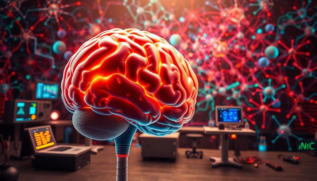 A detailed illustration of the field of behavioral neuroscience, showcasing the intricate connections between the brain, cognition, and behavior. In the foreground, a vibrant 3D model of the human brain, with highlighted regions associated with various functions. In the middle ground, a series of experimental setups, such as EEG monitors and behavioral testing apparatus, reflecting the methodologies used in this interdisciplinary field. In the background, a dynamic, almost kaleidoscopic, display of neural pathways, synaptic connections, and complex data visualizations, conveying the multifaceted nature of this scientific discipline. The overall scene is bathed in a warm, inviting lighting, creating a sense of depth, clarity, and scientific wonder.