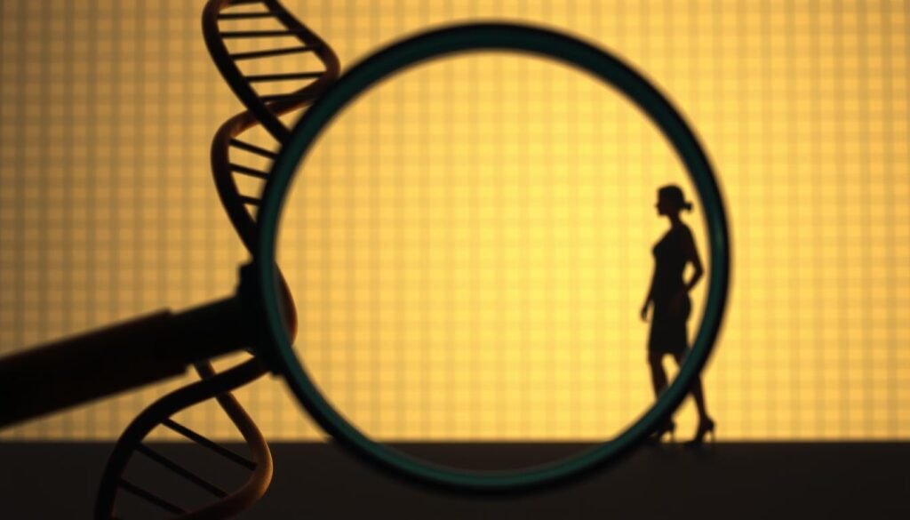 A detailed illustration of the interplay between genetics and weight loss. In the foreground, a magnifying glass inspecting a DNA strand, symbolizing the scientific examination of genetic factors. In the middle ground, a person silhouette in a contemplative pose, representing the individual's weight loss journey. The background features a subtle grid pattern, evoking the structured and analytical nature of genetic research. Soft, warm lighting casts a thoughtful, introspective atmosphere, highlighting the importance of understanding the genetic influences on one's ability to lose weight effectively.