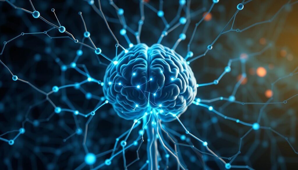 A detailed neural network diagram depicting the intricate "circuitos cerebrais" involved in decision-making. In the foreground, a central node representing the prefrontal cortex, surrounded by interconnected nodes and pathways pulsing with electric-blue energy, symbolizing the complex network of brain regions responsible for cognition, planning, and decision-making. In the middle ground, additional nodes representing the amygdala, hippocampus, and basal ganglia, their connections highlighted to illustrate the integration of emotion, memory, and action in the decision-making process. The background features a subtle, ethereal glow, evoking the mysterious and intricate nature of the human brain. Rendered in a high-resolution, photorealistic style with a focus on technical accuracy and visual impact.