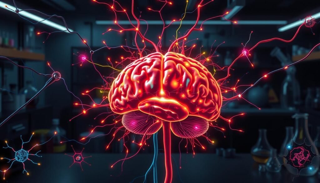 A detailed neuroanatomical diagram depicting the neural circuits and pathways underlying behavioral neuroscience. In the foreground, a stylized human brain in cross-section, showcasing the various regions and structures involved in cognitive and emotional processing. Surrounding the brain, an intricate web of neural connections, axons, and synapses in vibrant, neon-like colors. In the middle ground, a series of microscopic views highlighting the cellular-level mechanisms of neuroplasticity, neurotransmission, and neural signaling. In the background, a dimly lit laboratory setting with scientific instruments, glassware, and a sense of scientific inquiry. The overall composition conveys a sense of depth, complexity, and the integration of neuroscience and behavioral science.