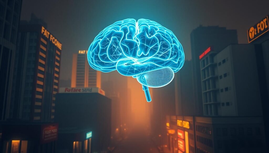 A detailed, realistic depiction of the environmental influence on the brain. A transparent human brain model floating in the middle, with intricate neural pathways highlighted in a glowing, neon blue hue. Surrounding the brain, a dimly lit, urban landscape with towering skyscrapers, fast food chains, and convenience stores, casting long shadows that envelop the brain. The buildings are slightly distorted, creating a sense of visual discomfort. Subtle, unsettling undertones permeate the scene, conveying the insidious nature of "obesogenic" environments on the human psyche. Warm, hazy lighting casts an eerie glow, and a shallow depth of field focuses the viewer's attention on the vulnerable brain structure at the center of the composition.