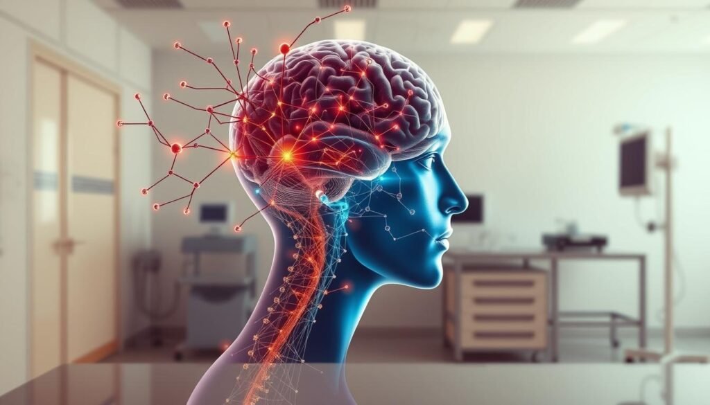 A detailed rendering of the concept of "neurociência comportamental" (behavioral neuroscience) set against a clean, modern backdrop. In the foreground, an abstract neural network diagram depicts the interconnected pathways of the brain, glowing with vibrant colors. In the middle ground, a human head in profile reveals a cross-section of the cerebral cortex, showcasing the complex neurological structures that underpin our behaviors and decision-making processes. The background features a sleek, minimalist laboratory setting, with clinical equipment and a subtle grid pattern suggesting the scientific rigor of this field of study. Warm, directional lighting casts dramatic shadows, creating a sense of depth and emphasizing the intricacies of the subject matter. The overall composition conveys the intersection of neuroscience, psychology, and the study of human behavior.