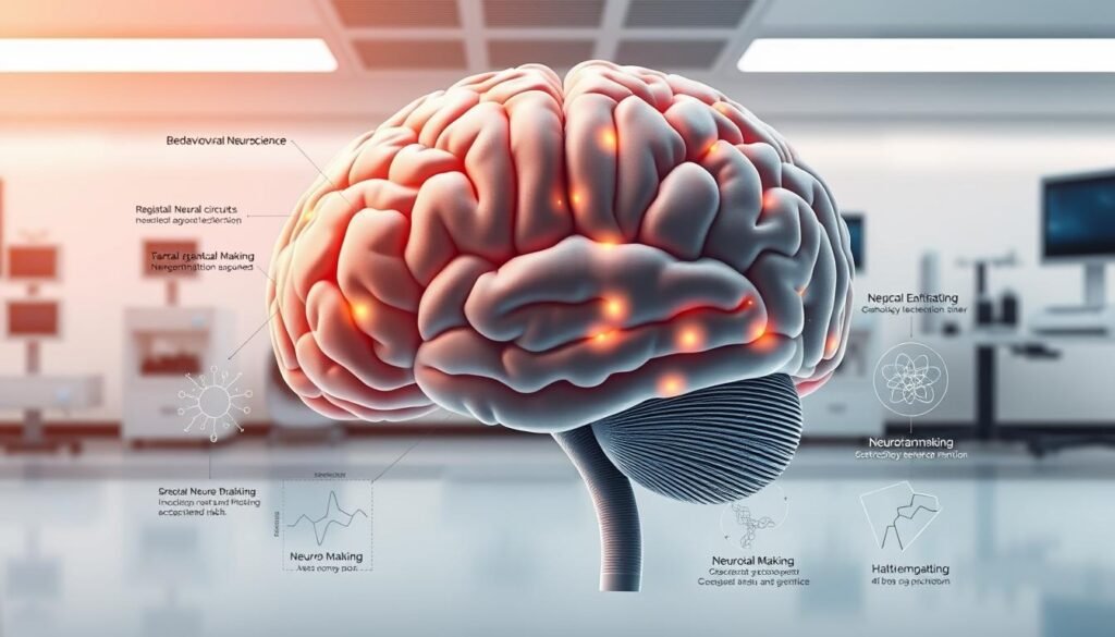 A detailed scientific diagram depicting the field of Behavioral Neuroscience. In the foreground, a 3D human brain model with highlighted regions associated with cognitive functions and behavior. In the middle ground, schematic illustrations of neural circuits, neurotransmitter systems, and their influences on decision-making, emotion, and habit formation. The background features a sleek, minimalist laboratory setting with state-of-the-art neuroimaging and neurophysiological equipment. The overall composition conveys the interdisciplinary nature of this field, blending anatomy, physiology, and psychology to enhance our understanding of the biological basis of human behavior.