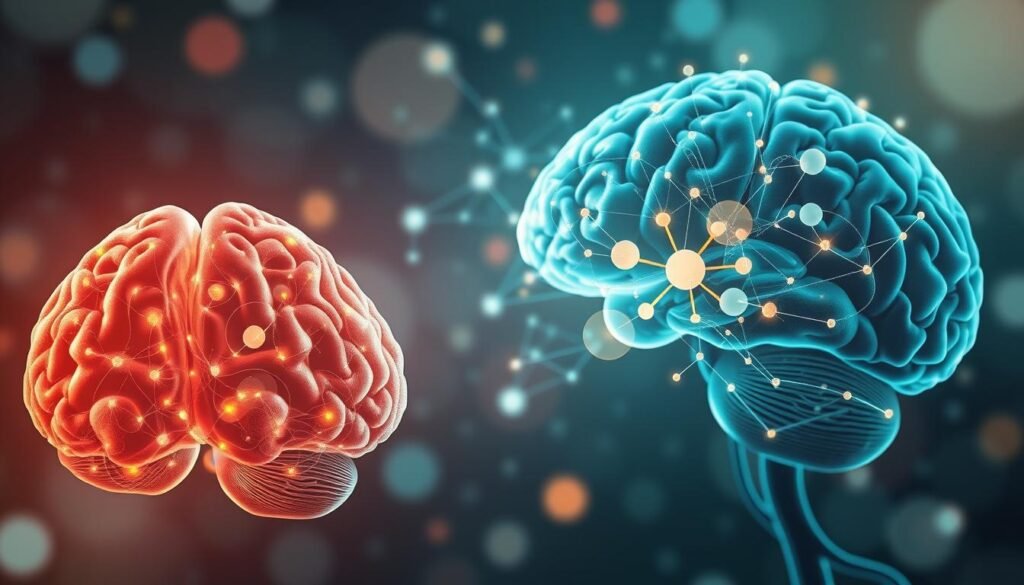 A detailed, vibrant illustration of "Neurociência e Desenvolvimento Pessoal", depicting the intricate mechanisms of the brain involved in strategic guidance. In the foreground, a cross-section of the human brain glows with neural activity, synapses firing in a mesmerizing display. The middle ground showcases a network of interconnected pathways, representing the complex cognitive processes that underlie personal growth and decision-making. In the background, a serene, contemplative atmosphere sets the stage, with soft lighting and ethereal hues evoking a sense of introspection and self-discovery. Rendered with exceptional realism and a touch of artistic flair, this image captures the essence of the "Mecanismos cerebrais envolvidos na orientação" section of the article.