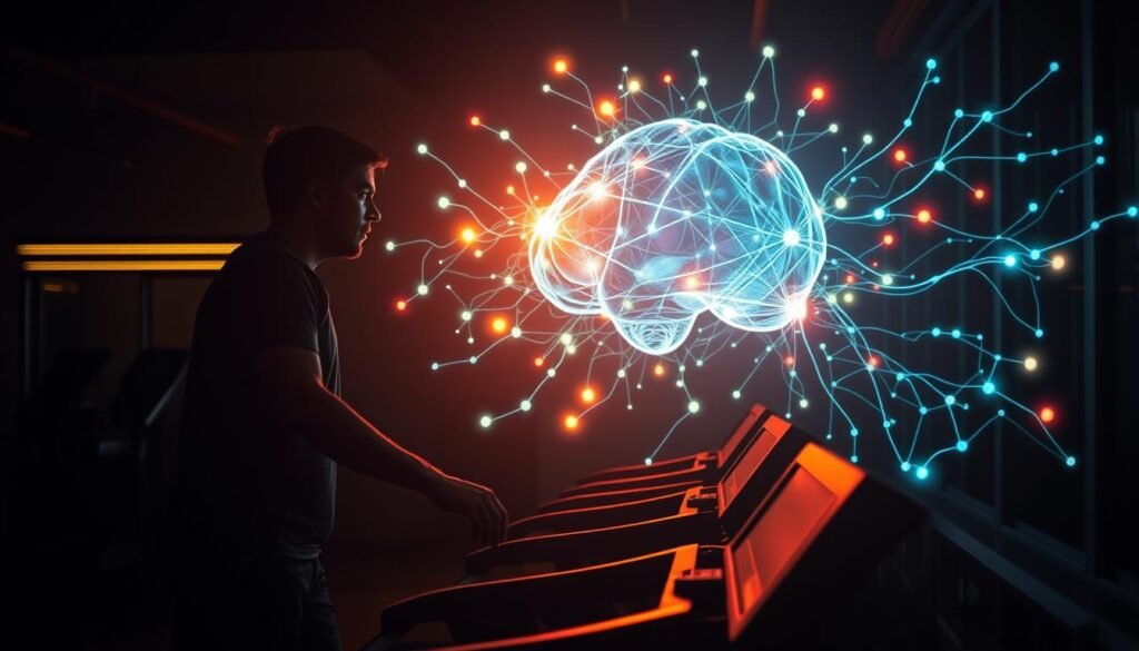 A dimly lit gym interior, with a person intensely focused on a treadmill, their movements casting long shadows. The air is charged with the scent of sweat and the hum of exercise equipment. In the background, a glowing neural network visualization pulses and morphs, symbolizing the complex neurochemical processes unfolding within the brain. Bright flashes of color highlight key neurotransmitters like dopamine and serotonin, illustrating the profound impact of physical activity on cognitive function. The overall scene radiates a sense of mental and physical synergy, a visual representation of the concept "exercício físico e química cerebral". dr jo furlan