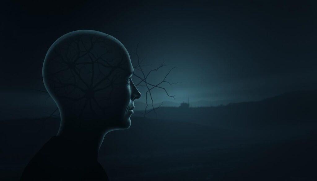 A dimly lit, introspective scene depicting the challenges of "brain atrophy" or "cerebral thinning". In the foreground, a human head in profile, with a transparent, ghostly quality, symbolizing the fading of cognitive abilities. The middle ground features a tangled web of neural pathways, some beginning to fade and disintegrate. In the background, a hazy, cerebral landscape, with faint silhouettes of obstacles and impediments, representing the difficulties encountered during this process. The lighting is muted, creating an atmosphere of contemplation and melancholy. The overall composition conveys the sense of a gradual, inexorable decline, but also the possibility of resilience and adaptation.