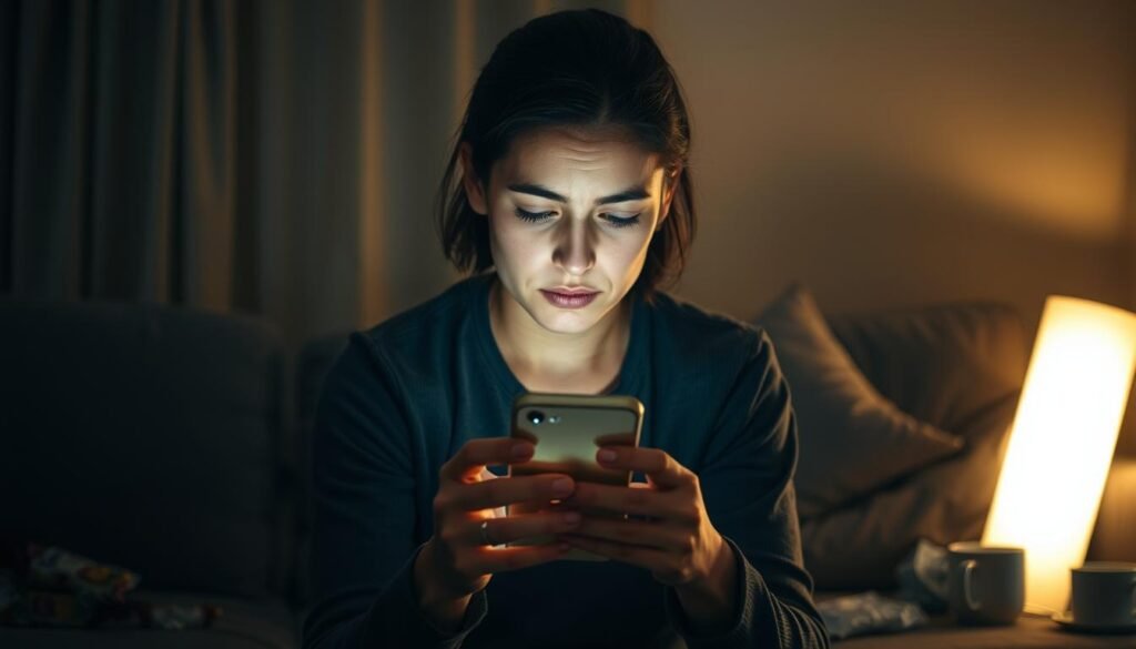 A dimly lit living room, where a person sits alone on a couch, their face illuminated by the soft glow of a smartphone. Their expression is weary, the bags under their eyes suggesting a lack of restful sleep. In the background, the room is cluttered with discarded snack wrappers and empty coffee mugs, symbolizing the unhealthy habits that often accompany sleep deprivation. The lighting is warm and muted, creating a sense of melancholy and isolation. The figure seems disconnected from their surroundings, their attention entirely focused on the device in their hands, reflecting the social isolation that can arise from excessive screen time and poor sleep habits.