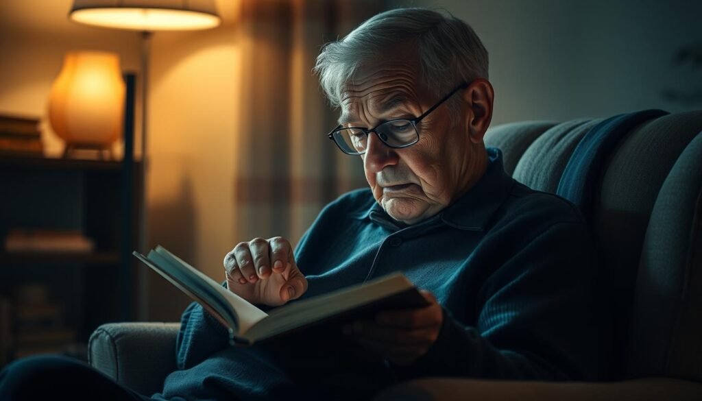 A dimly lit room, illuminated by the soft glow of a reading lamp, as an elderly person sits comfortably in a plush armchair, deeply immersed in a book. The wrinkled hands gently turn the pages, a look of concentration etched on the weathered face. The background is hazy, blurred, suggesting a serene and introspective atmosphere, highlighting the individual's focused cognitive engagement. The lighting is warm and subtle, casting gentle shadows that accentuate the subject's features, conveying a sense of wisdom and experience. The overall scene evokes a sense of contemplation and the continued mental vitality of the elderly individual.