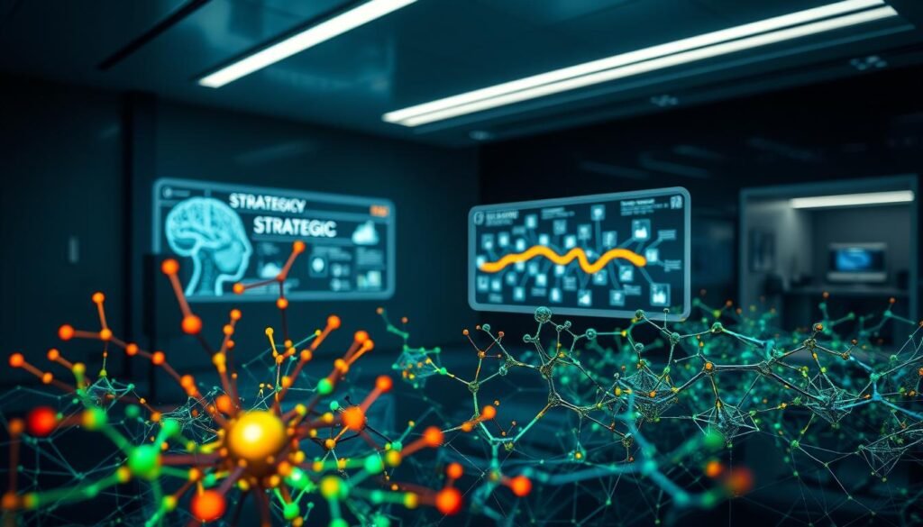 A dynamic and thought-provoking visual exploration of the intersection between neuroscience and strategic decision-making. In the foreground, a vibrant 3D neural network pulses with activity, symbolizing the complex interplay of the human mind. The middle ground features a holographic display showcasing a strategic roadmap, with nodes representing key insights and connections. In the background, a sleek, futuristic laboratory setting with state-of-the-art neuroimaging equipment captures the scientific rigor underlying the art of strategy. Dramatic lighting casts bold shadows, conveying the weight and importance of the subject matter. Elegant camera angles and a moody, contemplative atmosphere invite the viewer to ponder the deep relationship between the brain's workings and the strategic choices that shape our world.