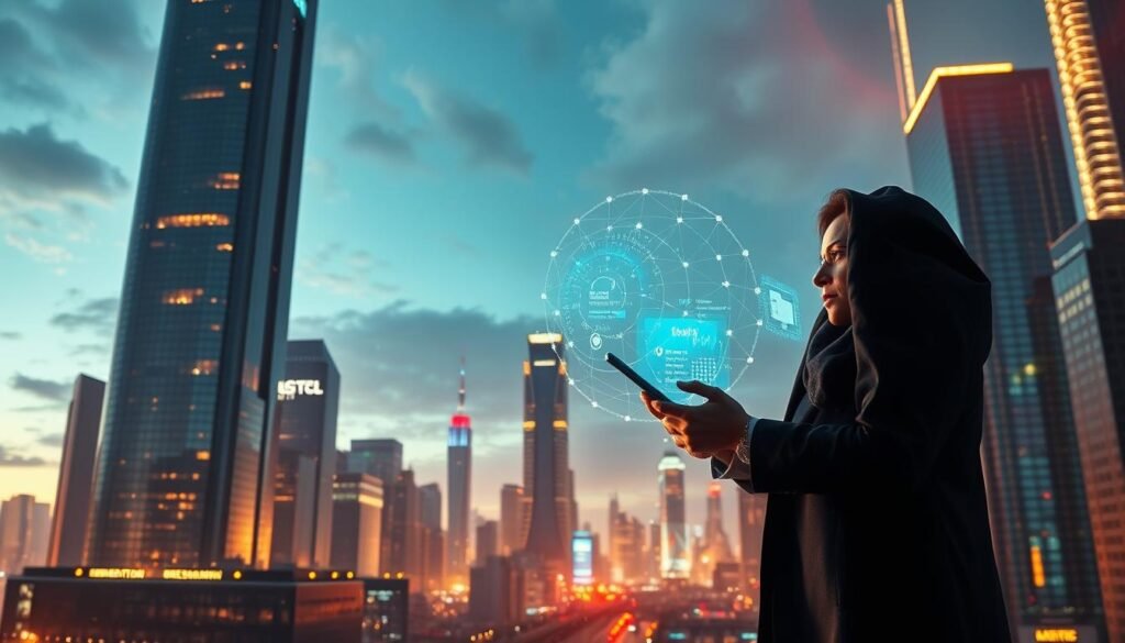 A futuristic cityscape with towering skyscrapers and glowing digital interfaces, bathed in a warm, diffused light. In the foreground, a businessperson stands contemplatively, holding a smartphone as holographic data streams swirl around them, representing the complex interplay of technology and decision-making. The middle ground features an array of interconnected devices and smart infrastructure, while the background showcases the scale and density of the urban landscape, emphasizing the ever-increasing role of technology in modern life. The overall mood is one of thoughtful introspection, balancing the power and influence of technological advancement with the nuances of human judgment and choice.