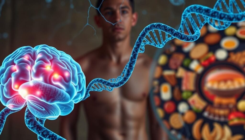 A genetic blueprint unraveling, strands of DNA intertwining with the neural pathways of the brain. In the foreground, a brain scan illuminates the dopamine receptors, the chemical messengers that fuel the relentless cravings of compulsive eating. The middle ground depicts a person's torso, their body language conveying the struggle between desire and restraint. In the background, a kaleidoscope of tempting, high-calorie foods swirls, casting an alluring spell. Soft, warm lighting casts a sense of melancholy over the scene, hinting at the complex interplay between genetics, neurobiology, and the insatiable drive to consume. A thought-provoking exploration of the intricate relationship between DNA and the compulsive behaviors that can shape our relationship with food.