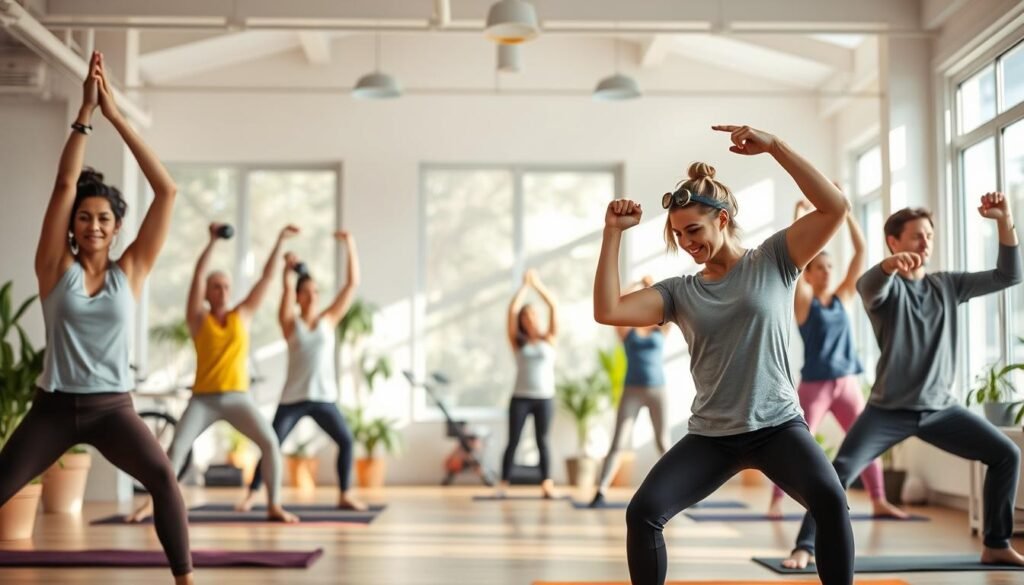 A group of people practicing various physical exercises in a bright, airy, and well-lit indoor space. The foreground features individuals performing yoga poses, stretching, and engaging in light cardio activities. The middle ground showcases people lifting weights, using resistance bands, and participating in low-impact aerobic exercises. The background depicts a serene, nature-inspired setting with potted plants, natural lighting, and a sense of tranquility. The overall mood is focused, energetic, and conducive to brain health and well-being.