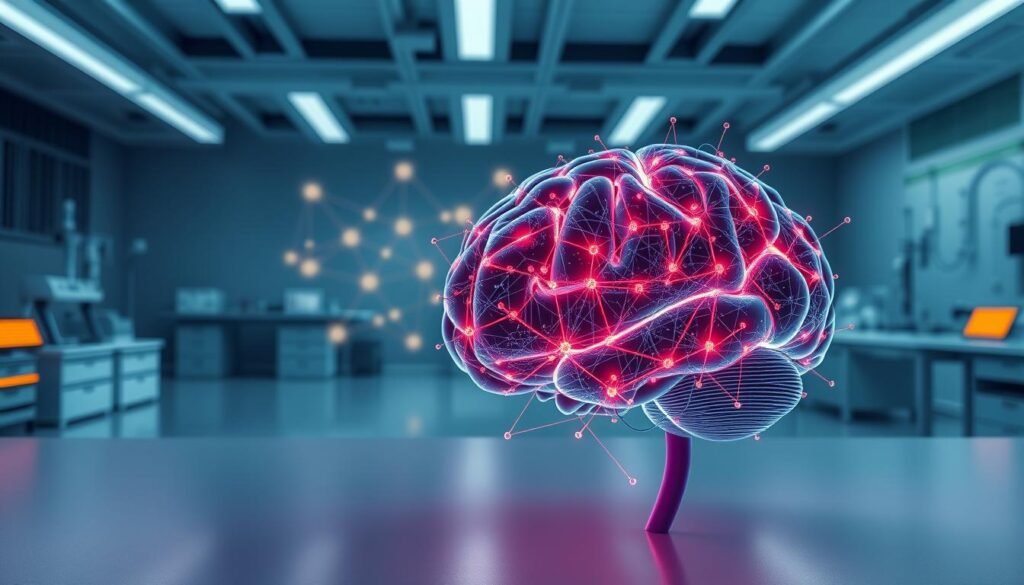 A high-resolution photorealistic illustration of "Neurociência Comportamental". In the foreground, a detailed brain model made of intricate neuronal networks and synaptic connections, glowing with vivid colors. In the middle ground, abstract geometric shapes and patterns representing complex cognitive processes. In the background, a sleek, minimalist laboratory setting with scientific equipment and instruments. The lighting is soft and diffused, creating a sense of depth and dimensionality. The overall atmosphere is one of scientific inquiry, technological sophistication, and the pursuit of understanding the human mind.