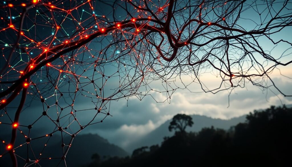 A highly complex neural network architecture, inspired by the intricate patterns and dynamics of the human brain. In the foreground, a mesmerizing web of interconnected nodes and pathways, pulsing with a vibrant, neon-like energy. The middle ground reveals a fluid, organic structure, reminiscent of neuronal synapses and dendritic trees. In the background, a hazy, ethereal landscape suggests the vast, unexplored realms of the mind. Dramatic lighting casts dynamic shadows, emphasizing the depth and dimensionality of this remarkable, brain-inspired algorithm. Captured with a wide-angle lens to convey a sense of grandeur and wonder, this image invites the viewer to ponder the remarkable potential of algorithms that emulate the remarkable capabilities of the human brain.