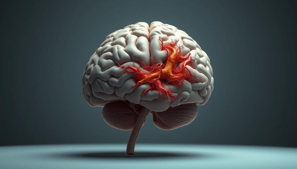 A highly detailed, anatomical cross-section of the human brain in a state of "emagrecimento cerebral" or cerebral atrophy. The foreground depicts the brain's cortex and underlying structures, with a visible reduction in gray matter volume and an increase in cerebrospinal fluid spaces. The middle ground showcases the brain's intricate network of blood vessels, signifying the decreased blood flow associated with this condition. The background is a muted, neutral-toned environment, allowing the focus to remain on the intricate details of the deteriorating brain. The lighting is soft, directional, and casts subtle shadows, highlighting the three-dimensional nature of the brain structures. The overall tone is one of scientific objectivity, conveying the medical nature of this phenomenon.