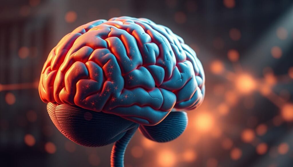 A highly detailed and anatomically accurate illustration of an anxious brain, rendered in a realistic and scientific style. The foreground depicts the cerebral cortex and limbic system, with visible increased blood flow and neural activity, conveying a sense of heightened emotional and cognitive processing. The middle ground showcases the brainstem and midbrain, with emphasized neurotransmitter pathways, reflecting the physiological changes associated with anxiety. The background features a diffuse, softly-lit environment, creating a contemplative and introspective atmosphere. The lighting is warm and directional, highlighting the intricate structures and creating depth and dimensionality. The overall composition and perspective give the viewer a sense of immersion and understanding of the complex neural mechanisms underlying anxiety.