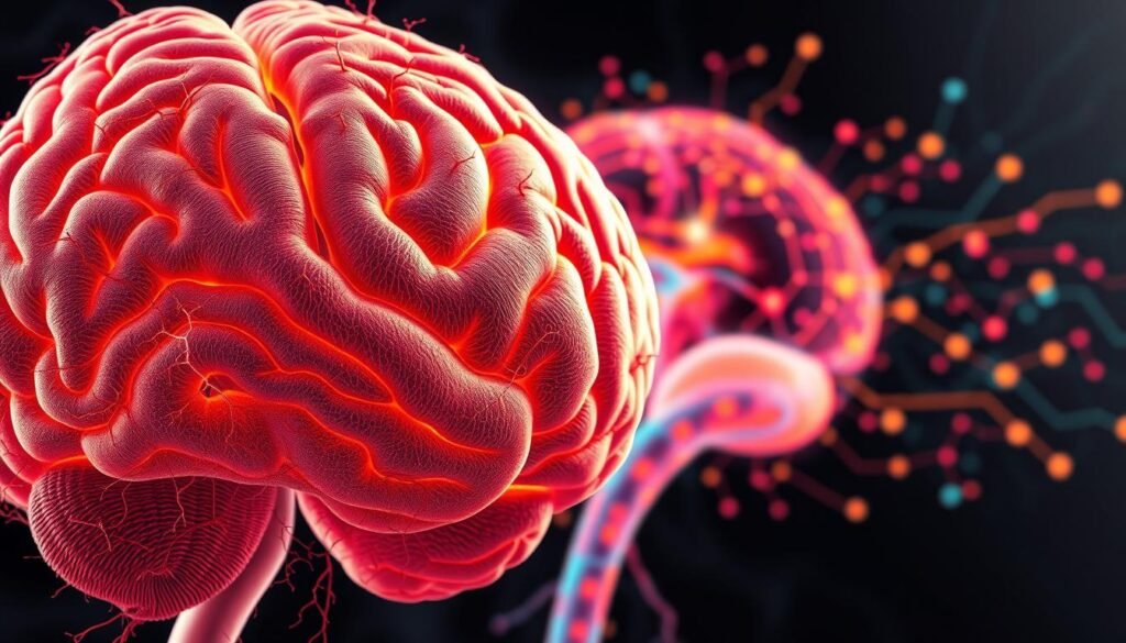 A highly detailed, photorealistic image of the neuroplasticity of the human brain. The foreground shows a cross-section of the cerebral cortex, with intricate networks of neurons, dendrites, and synapses. The middle ground reveals the complex architecture of the brain's white matter, with fiber tracts connecting different regions. In the background, a vibrant and colorful visualization of the brain's dynamic activity, with pulsing signals and neural pathways. The scene is illuminated by a warm, natural light, creating a sense of depth and dimension. The overall composition conveys the incredible adaptability and reshaping capabilities of the brain, a key concept in the neuroscience of weight loss.
