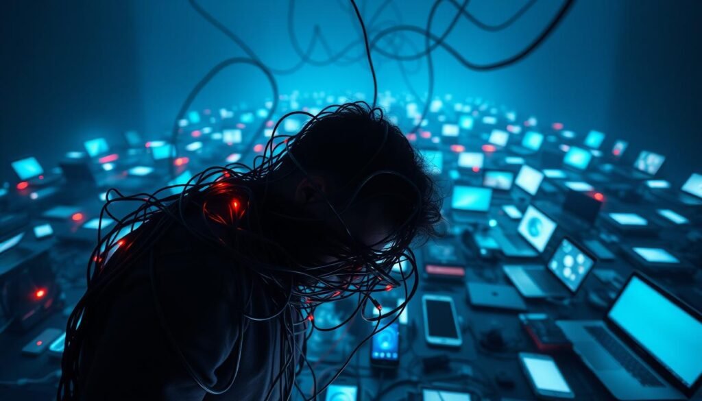 A hyper-connected world, a tangled web of devices and screens. In the foreground, a person overwhelmed, their face obscured by a tangle of wires and cables, symbolizing the emotional cost of constant connectivity. The middle ground depicts a maze-like landscape of smartphones, laptops, and tablets, each device emitting a harsh, neon-like glow, casting an unsettling light on the scene. The background fades into a blurred, hazy void, suggesting the disconnection from the physical world. The overall atmosphere is one of anxiety, isolation, and the invisible strain on mental well-being. Dramatic, high-contrast lighting emphasizes the tension, while a tight, claustrophobic framing heightens the sense of being overwhelmed by the digital onslaught.