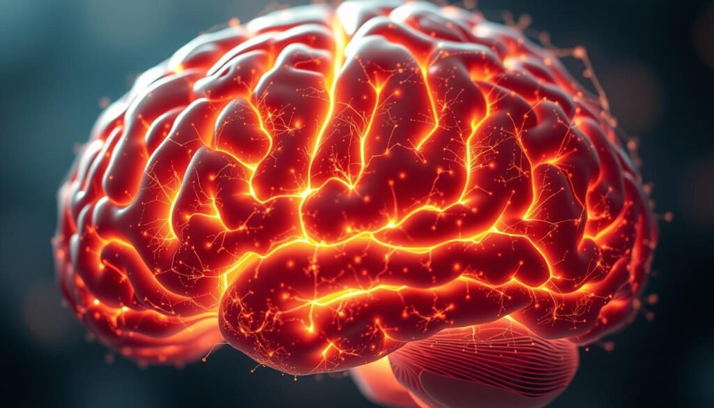 A hyper-detailed, photorealistic close-up of a young child's brain, exposing its intricate neural network and synaptic connections. The cerebrum appears enlarged, with a glowing, neon-like display of intense activity and hyperconnectivity. The image is bathed in a soft, diffused lighting, creating an ethereal, almost otherworldly atmosphere. The depth of field is shallow, focusing the viewer's attention on the mesmerizing complexity of the developing brain. The angle is slightly elevated, giving a sense of observing the subject from an objective, scientific perspective. The overall tone conveys the profound impact of hyperconnectivity on the delicate, formative stages of a child's cognitive growth.