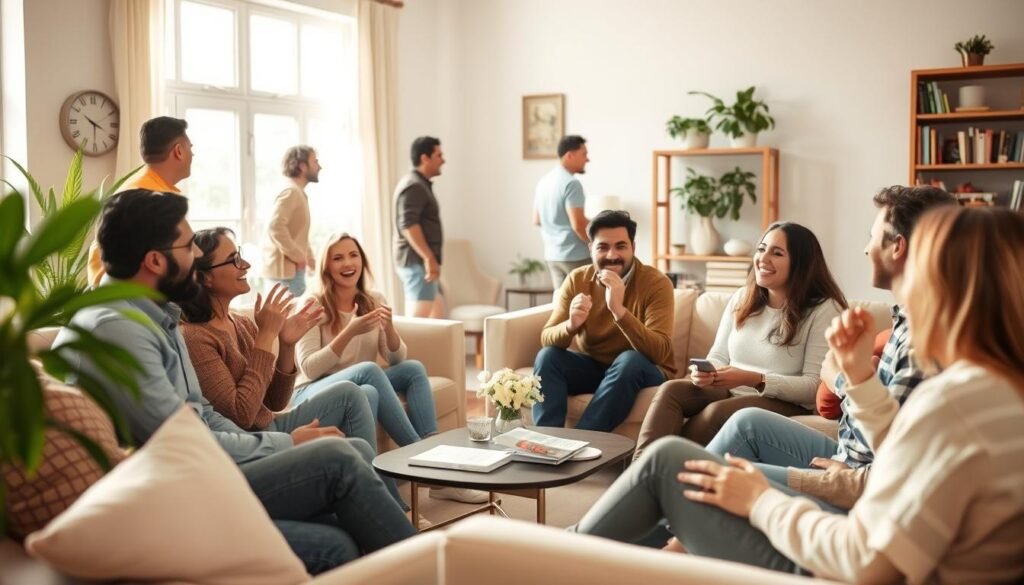 A lively social gathering in a warm, inviting living room. Friends and family members of diverse ages and backgrounds engage in animated conversation, laughing and gesturing animatedly. Soft, natural lighting filters in through large windows, casting a cozy glow on the scene. In the foreground, a group of people sit on plush sofas, sharing stories and enjoying each other's company. The middle ground depicts others standing around a coffee table, exchanging ideas. In the background, a bookshelf and potted plants add a sense of comfort and homeliness to the setting. An atmosphere of connection, belonging, and intellectual stimulation permeates the space, showcasing the power of social interaction.