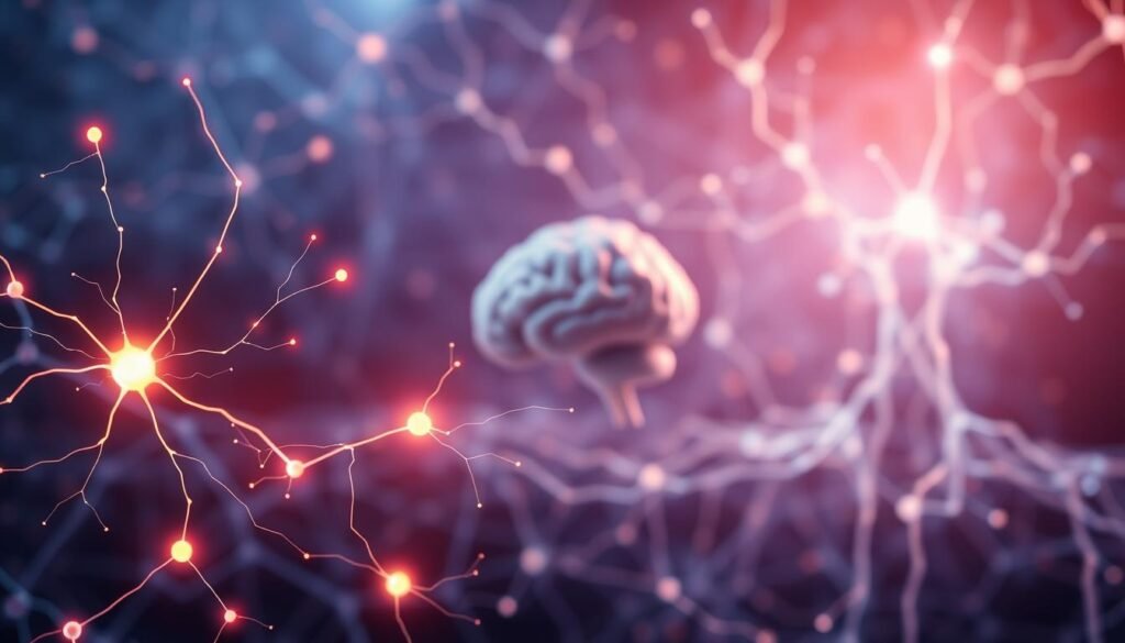 A mesmerizing neural network visualization depicting the intricate workings of behavioral neuroscience. In the foreground, a glowing neural pathway pulses with energy, symbolizing the dynamic interplay between brain and behavior. The middle ground showcases a detailed 3D model of the human brain, its contours illuminated by a soft, diffused light. In the background, an abstract landscape of interconnected nodes and synapses evokes the vast complexity of the nervous system. The overall atmosphere is one of scientific wonder and discovery, inviting the viewer to explore the remarkable depths of the mind-body connection.
