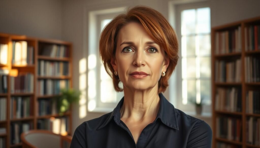 A middle-aged woman with warm, intelligent eyes and a thoughtful expression, Dra. Jô Furlan stands in a serene, book-lined office. Soft natural light filters in through large windows, casting a pensive glow on her face. She wears a crisp, professional blouse and her auburn hair is neatly styled. The background is uncluttered, allowing the focus to remain on her contemplative demeanor, conveying her expertise and concern for the subject at hand - the influence of hyperconnectivity on the developing child's brain. The overall mood is one of quiet contemplation and authority.