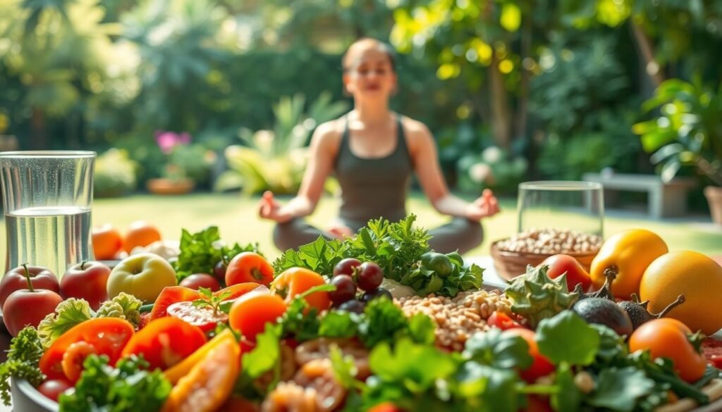 A mindfully prepared, vibrant vegetable medley occupies the foreground, surrounded by an array of fresh fruits, whole grains, and a glass of water. In the middle ground, a serene, contemplative person sits cross-legged, eyes closed, conveying a sense of inner calm and presence. The background depicts a tranquil, sun-dappled garden, with lush greenery and a soft, diffused lighting that creates a soothing, natural ambiance. The overall scene evokes a harmonious, holistic relationship between nourishing food, emotional well-being, and a grounded, introspective connection with one's body and mind.