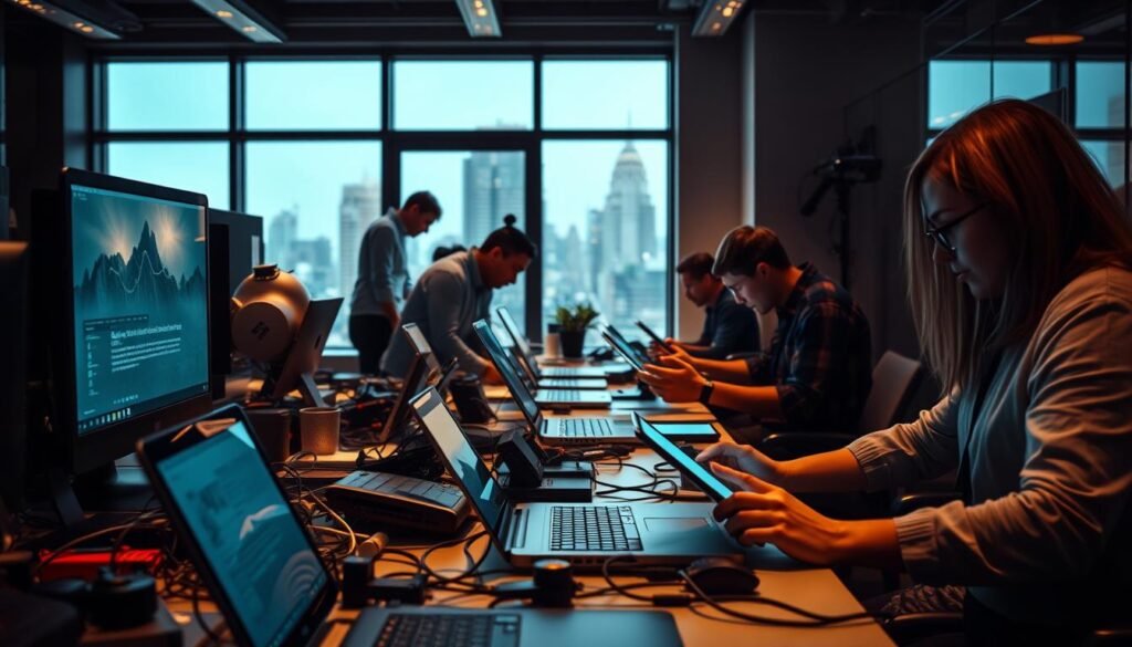 A modern office interior with employees deeply engrossed in their work on various digital devices - laptops, tablets, and smartphones. The foreground features a desk cluttered with screens, keyboards, and cables, creating a sense of technology overload. The middle ground shows people hunched over their workstations, their faces illuminated by the glow of the displays. In the background, a large window offers a glimpse of the bustling city outside, hinting at the disconnect between the digital workspace and the natural world. The lighting is a mix of warm, ambient office lighting and the cool, blue tones emanating from the screens. The overall atmosphere conveys a sense of focus, but also a subtle unease, suggesting the potential impact of excessive screen time on mental and physical well-being.
