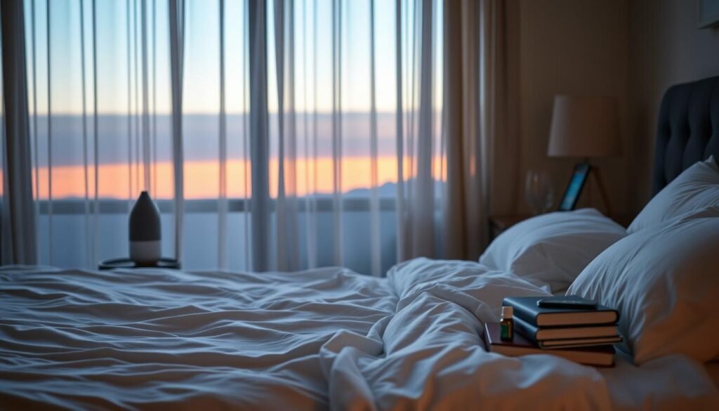 A peaceful bedroom scene at dusk, with soft natural lighting filtering through sheer curtains. In the foreground, a plush, inviting bed with crisp, white bedding and an assortment of soothing sleep aids - a weighted blanket, an essential oil diffuser, and a small stack of relaxing books. The middle ground features a tranquil nightstand with a glass of water and a digital sleep tracker. In the background, a serene landscape visible through the window, perhaps a starry night sky or a calming nature scene, conveying a sense of relaxation and harmony. The overall mood is one of comfort, tranquility, and restfulness, perfectly capturing the "dicas para dormir melhor" (tips for better sleep) theme.