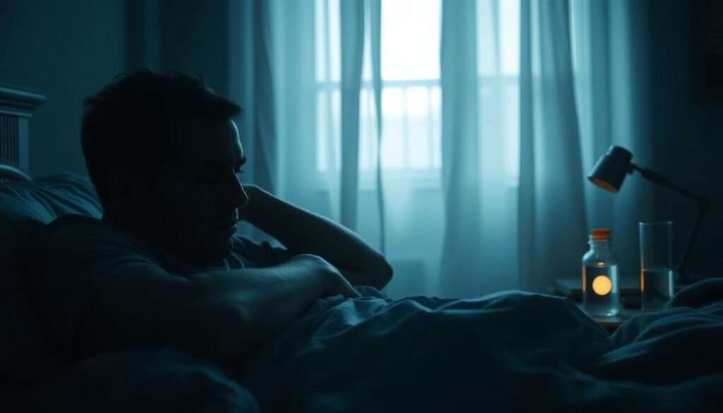 A peaceful, dimly lit bedroom scene depicting the impact of sleep disturbances on overall well-being. In the foreground, a troubled individual tossing and turning in bed, eyes strained and brow furrowed. In the middle ground, a nightstand with a glass of water and a bottle of medication, symbolizing the struggle to find relief. The background shows a window with drawn curtains, casting a soft, hazy glow over the scene, conveying a sense of tranquility and rest that remains elusive. Subdued, muted colors create an atmosphere of unease and restlessness. Soft, dramatic lighting accentuates the shadows and highlights the pensive mood. An intimate, personal portrayal of the challenges faced by those experiencing sleep disorders.