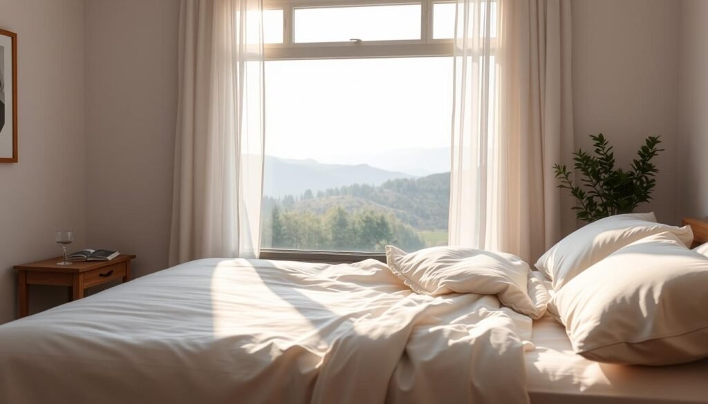 A peaceful, serene bedroom scene with a calming atmosphere. In the foreground, a comfortable bed with crisp, white linens and a fluffy, dove-gray duvet. Beside it, a wooden nightstand holds a glass of water and a book. In the middle ground, a large window with sheer, billowing curtains allows soft, diffused natural light to filter in, casting a warm glow throughout the room. In the background, a serene landscape of rolling hills and a tranquil forest can be seen through the window. The overall mood is one of rest, relaxation, and the restorative power of a healthy sleep.