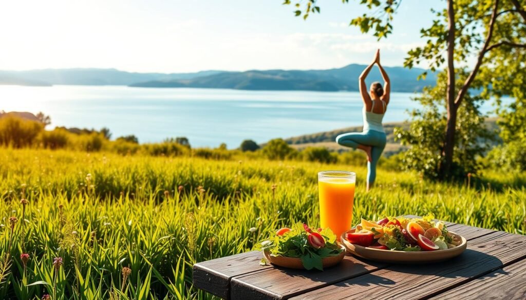 A peaceful, sun-dappled meadow with lush, vibrant greenery. In the foreground, a person gracefully performing yoga poses, their body in perfect harmony with the natural surroundings. In the middle ground, a glass of freshly squeezed juice and a healthy, colorful salad on a rustic wooden table. In the background, a serene lake reflects the azure sky, with rolling hills in the distance. The scene is bathed in warm, golden light, creating a tranquil, restorative atmosphere. The overall composition conveys a sense of well-being, balance, and the positive impacts of healthy habits.