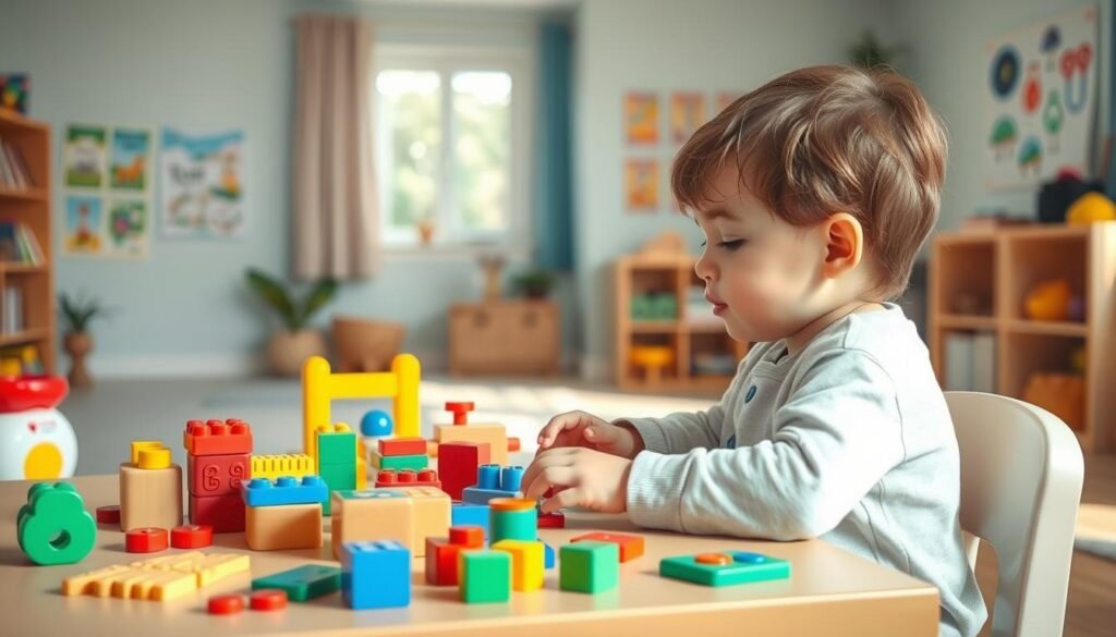 A peaceful, well-lit indoor scene depicting a young child deeply engaged in cognitive development activities. In the foreground, the child sits at a small table, surrounded by various educational toys, blocks, and puzzles that stimulate their problem-solving skills and hand-eye coordination. The middle ground showcases vibrant, age-appropriate illustrations and posters on the walls, providing visual cues that inspire the child's creativity and learning. The background features a cozy, welcoming environment with natural lighting filtering through a window, creating a warm, nurturing atmosphere conducive to cognitive growth. The overall scene conveys a sense of balance, focus, and the importance of providing young children with developmentally appropriate activities to support their cognitive development.