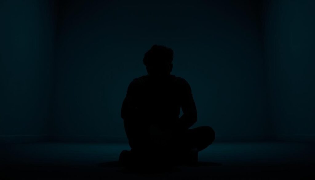 A pensive figure sits alone, their face obscured, lost in the depths of emotional hunger. The background is a dimly lit, empty room, the walls a muted, monochromatic palette, casting a melancholic atmosphere. The lighting is soft, creating shadows that accentuate the subject's introspective pose. The composition emphasizes the sense of isolation and longing, with the figure occupying the center of the frame, surrounded by the vast, barren space. The overall scene conveys a powerful and evocative representation of the emotional void that can arise from "fome emocional".