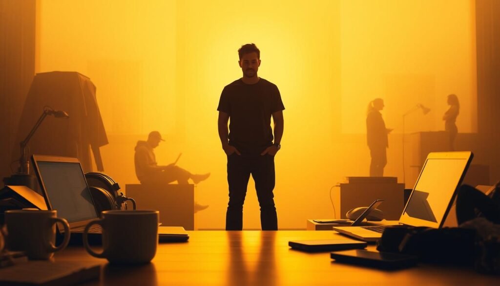 A person standing in the center of the frame, surrounded by their daily habits and routines. In the foreground, objects like a coffee mug, laptop, and phone represent the familiar habits they seek to change. In the middle ground, a shadowy figure emerges, signifying the inner struggle to break free from these patterns. The background is hazy, with faint outlines of alternative activities and environments, hinting at the possibility of a new path. Warm, golden lighting casts a contemplative mood, as the subject appears deep in thought, contemplating the steps towards meaningful habit transformation. The composition emphasizes the human figure, drawing the viewer's eye to the central subject and their journey of personal growth.