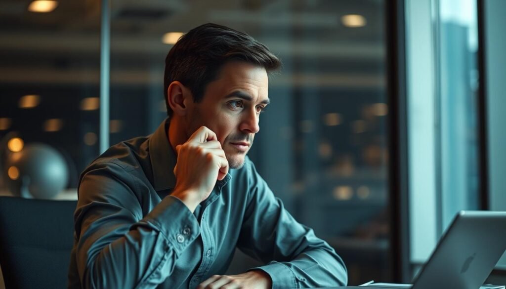 A professional executive sitting at a desk, engrossed in deep thought, with a thoughtful expression on their face. The office environment is dimly lit, creating a contemplative atmosphere. Soft, diffused lighting illuminates the subject, highlighting their focused gaze and the subtle nuances of their expression. In the background, a blurred cityscape can be seen through a large window, symbolizing the connection between the mental and the external. The overall scene evokes a sense of strategic contemplation and introspection.