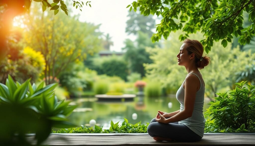 A serene and calming scene of a person practicing mindfulness and emotional well-being. In the foreground, a person sits cross-legged in a peaceful meditation pose, their eyes closed and a serene expression on their face. The middle ground features a lush, verdant garden with vibrant green foliage and a tranquil pond, reflecting the sky above. In the background, a soft, diffused light illuminates the scene, creating a warm and inviting atmosphere. The overall composition conveys a sense of inner calm, balance, and emotional harmony, reflecting the benefits of NeuroWellness techniques.
