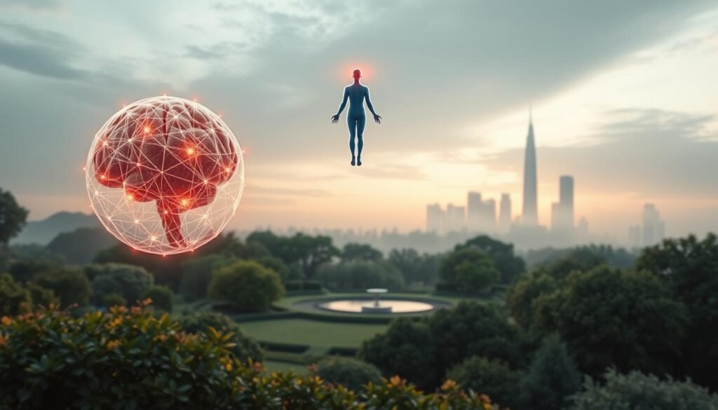 A serene and contemplative neuromentorial landscape. In the foreground, a spherical neural network diagram pulses with vibrant synaptic connections. Floating above it, a holographic mentor figure exudes a warm, guiding energy. The middle ground features a tranquil meditation garden, with lush foliage and a smooth, reflective pond. Soft, diffused lighting bathes the scene, creating an atmosphere of introspection and clarity. In the background, a sleek, futuristic cityscape stands as a backdrop, hinting at the integration of neuroscience and modern mentorship. The overall composition conveys the harmonious fusion of the organic and the technological, reflecting the core principles of neuromentoria.