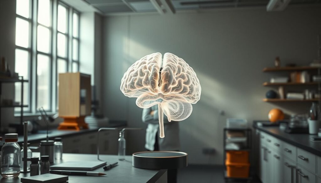 A serene and contemplative neuroscience laboratory, bathed in soft natural light streaming through large windows. In the foreground, a delicate brain model floats, its intricate neural pathways illuminated from within. Surrounding it, various scientific instruments and tools are arranged with precision, hinting at the ongoing research. In the middle ground, a researcher stands in contemplation, their face partially obscured, focused on the ethereal display. The background is a muted, abstract representation of the brain's complex architecture, with geometric shapes and flowing lines suggesting the dynamic inner workings of the mind. The overall atmosphere is one of thoughtful inquiry and the pursuit of deeper understanding of the human condition.